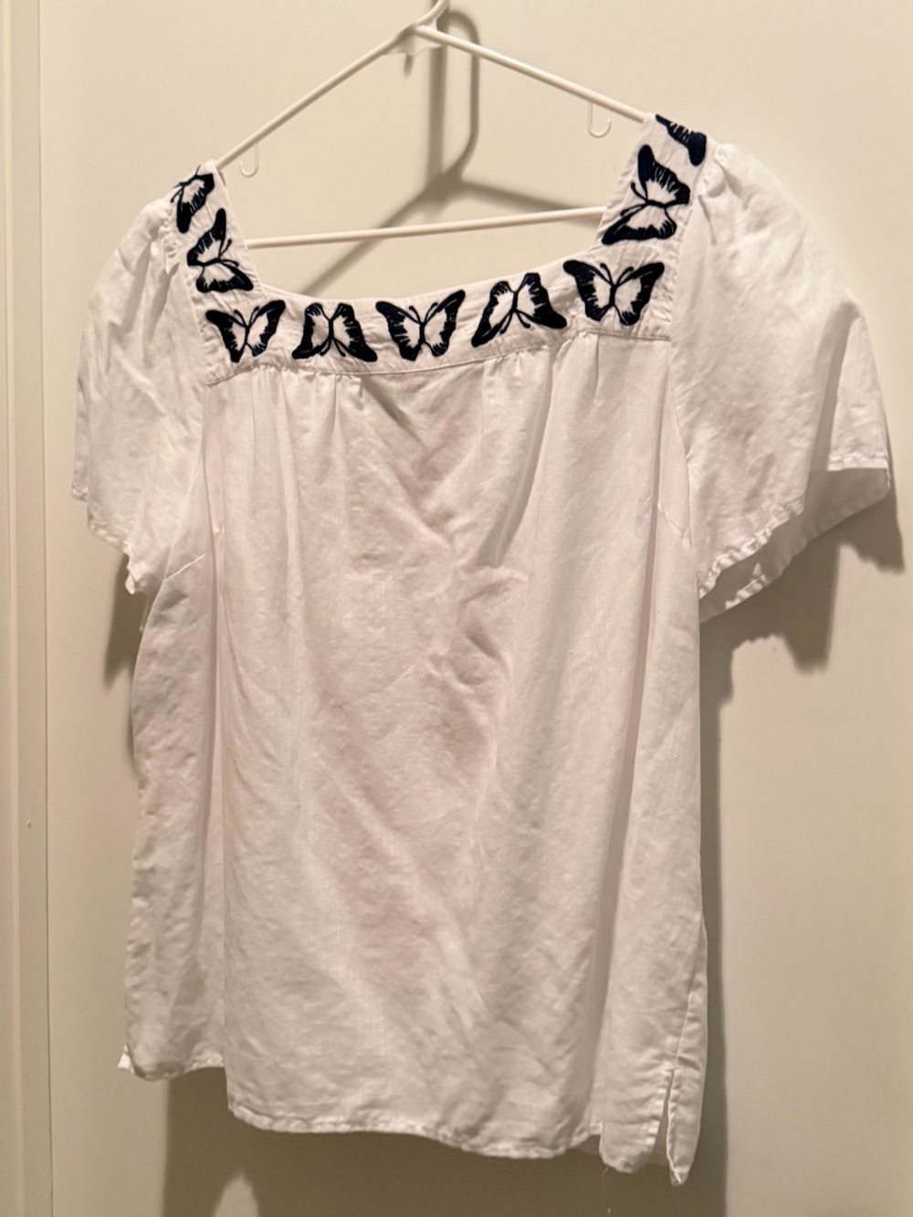 Talbots White Blouse with Navy Butterfly Trim